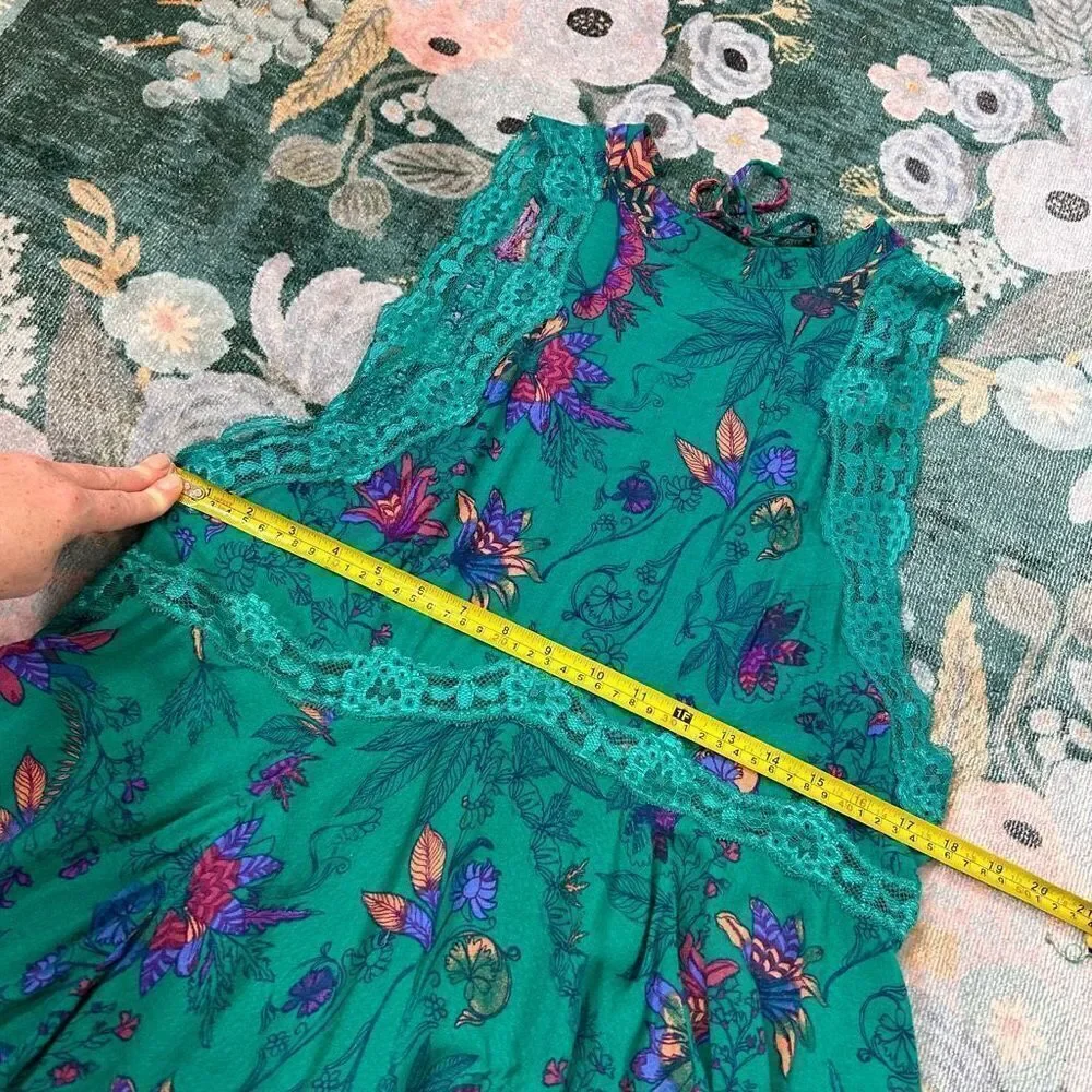 Free People Floral Oversized Mini Slip Dress Turquoise Green XS She Moves Boho